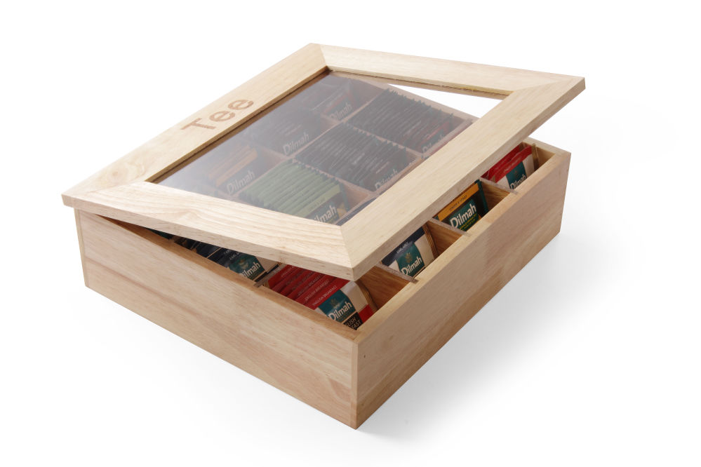 Teebox, Holz mit Sichtfenster aus Acryl, 12 Kammern